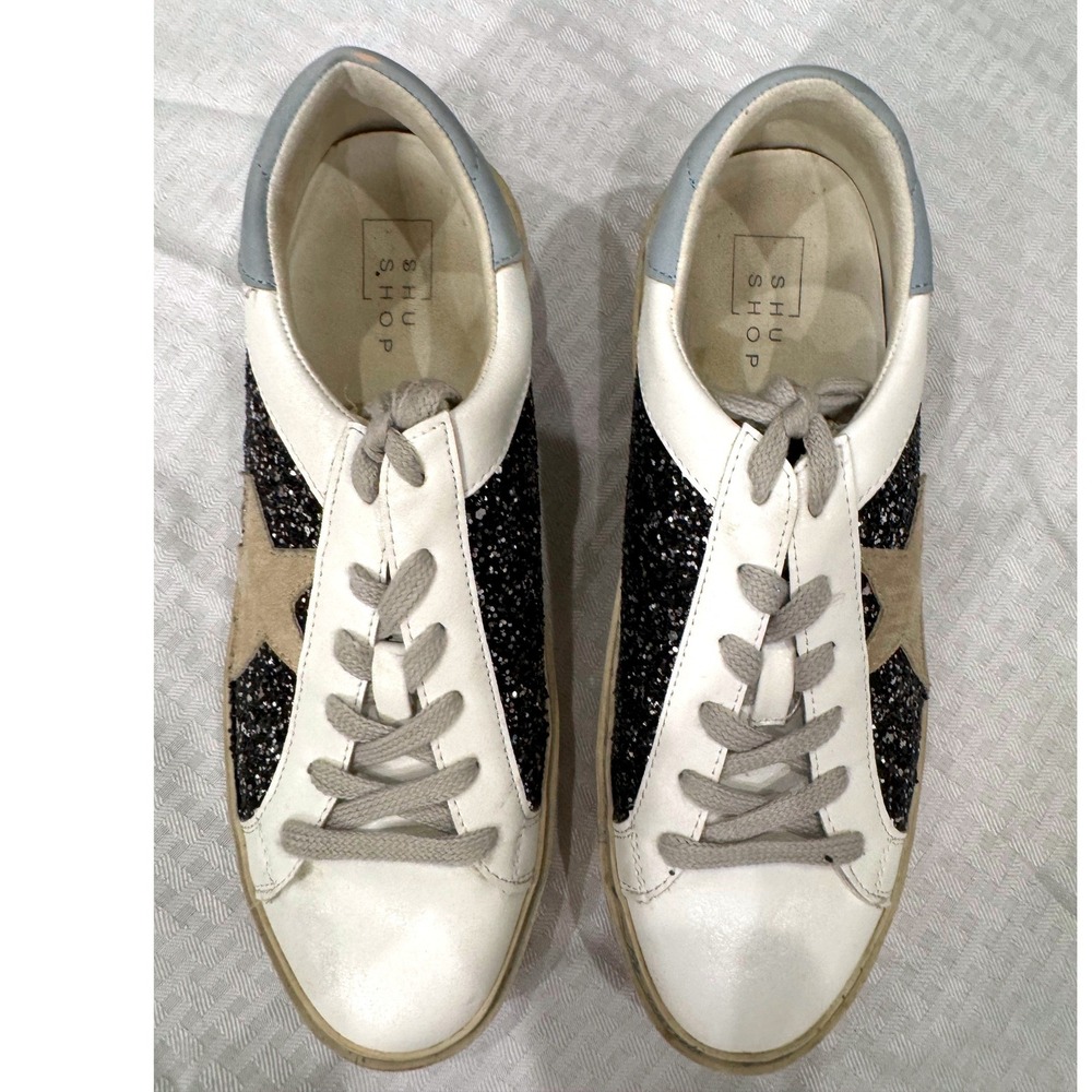 Shu Shop Sneakers Womens 8.5 White Black Glitter Star Patch Platform Streetwear - Picture 2 of 10